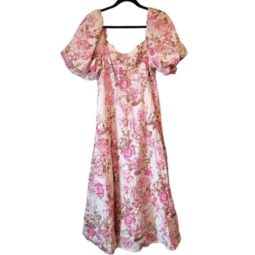 NWT Avec Les Filles Pink Floral Puff-Sleeve Midi Dress